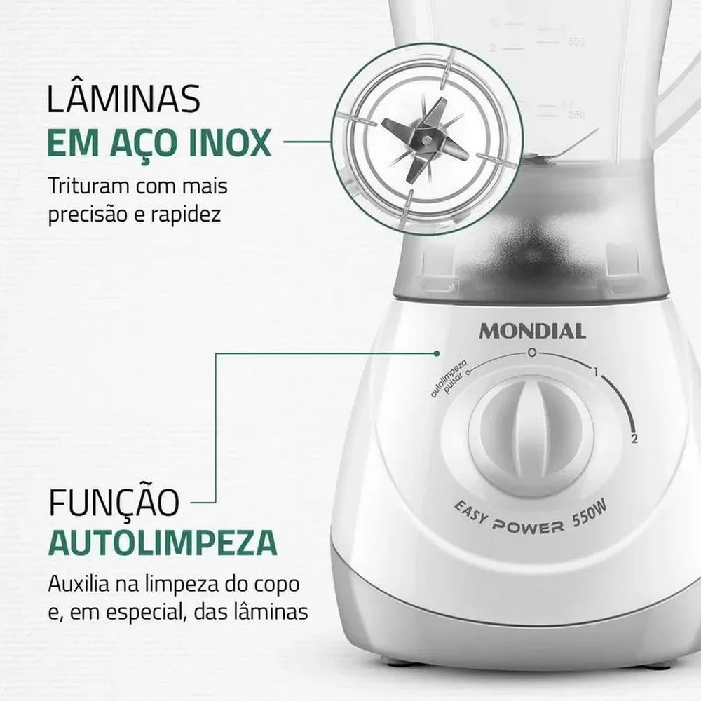 LIQUIDIFICADOR MONDIAL EASY POWER L-550-W BI 550W 2 VELOCIDADES E PULSAR COPO 2.2L BRANCO 220V 