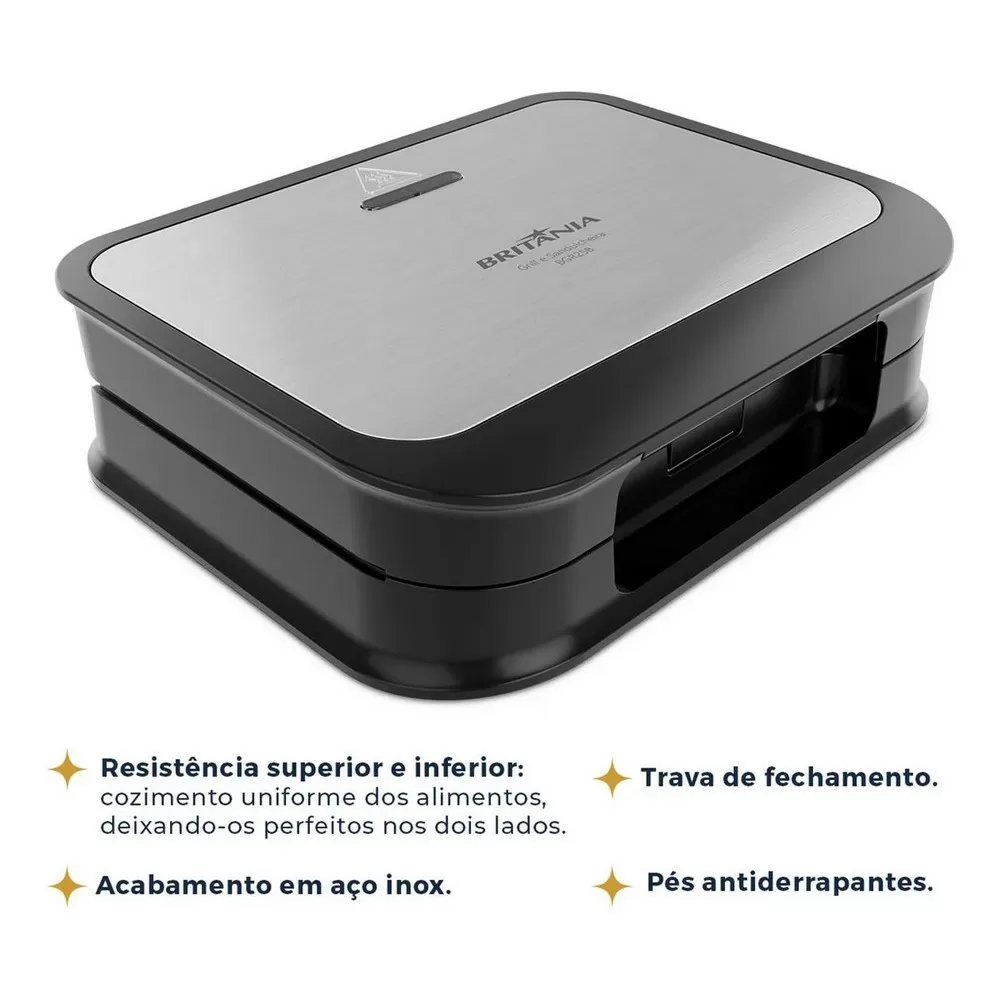 SANDUICHEIRA GRILL BRITANIA BGR25B 2 EM 1 750W PRETA/INOX 220V