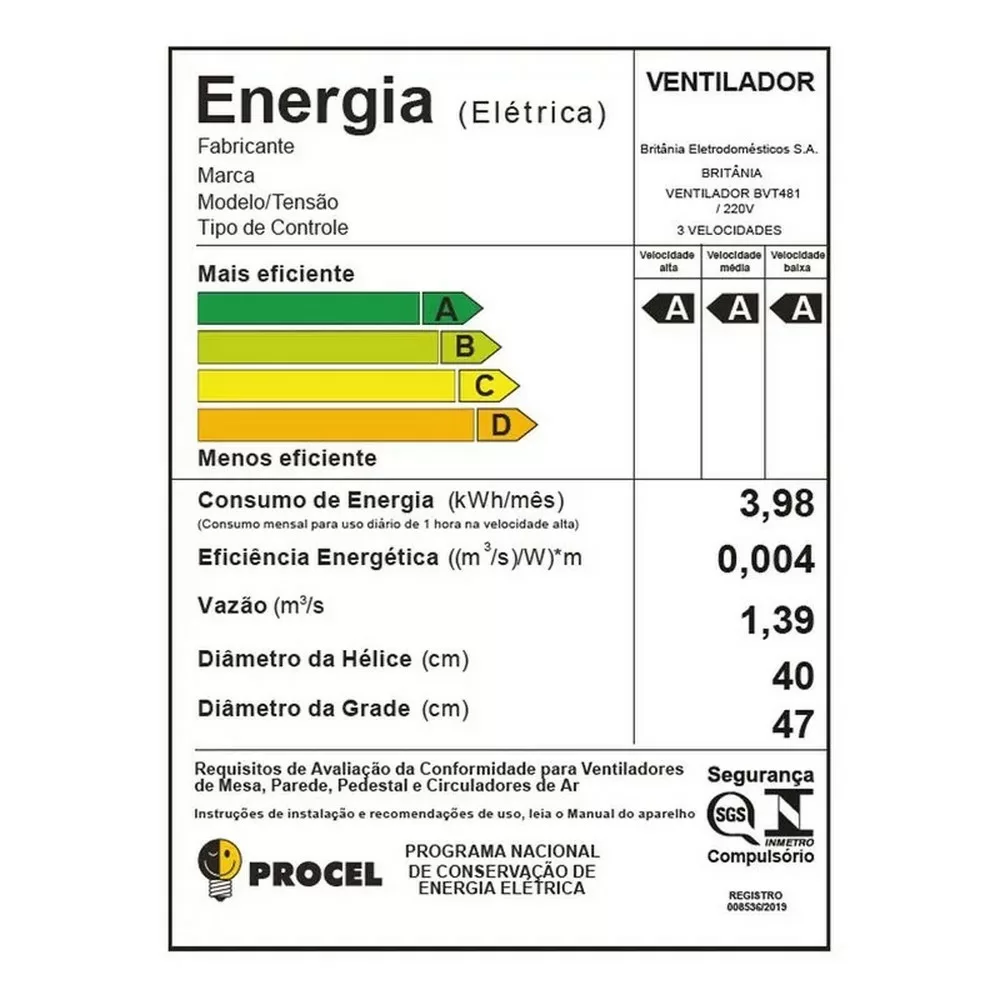 VENTILADOR DE MESA BRITANIA 47CM BVT481 2 EM 1 MAXX FORCE 8 PAS 174W PRETO 220V 