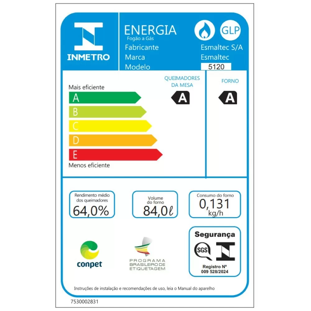 FOGAO 5 BOCAS ESMALTEC F5ISB IDEAL POP 5120 BRANCO 