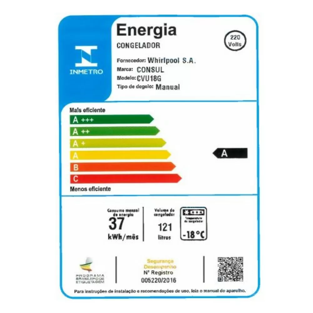 FREEZER VERTICAL 1 PORTA CONSUL CVU18 121L BRANCO 220V 