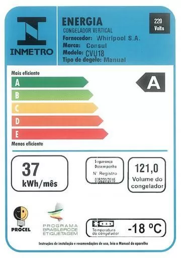 FREEZER VERTICAL 1 PORTA CONSUL CVU18 121L BRANCO 220V 