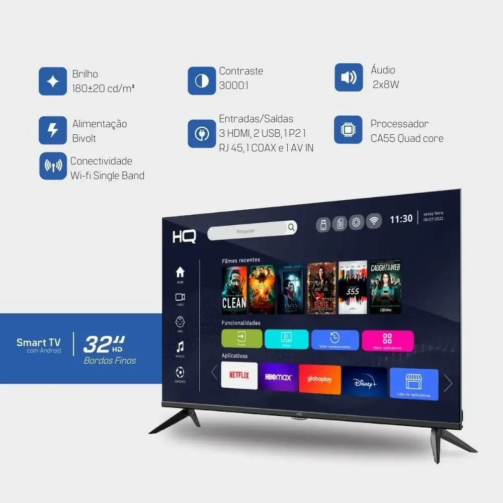 TV LED SMART 32 HQ HD ANDROID 3 HDMI 2 USB PRETA BIVOLT 