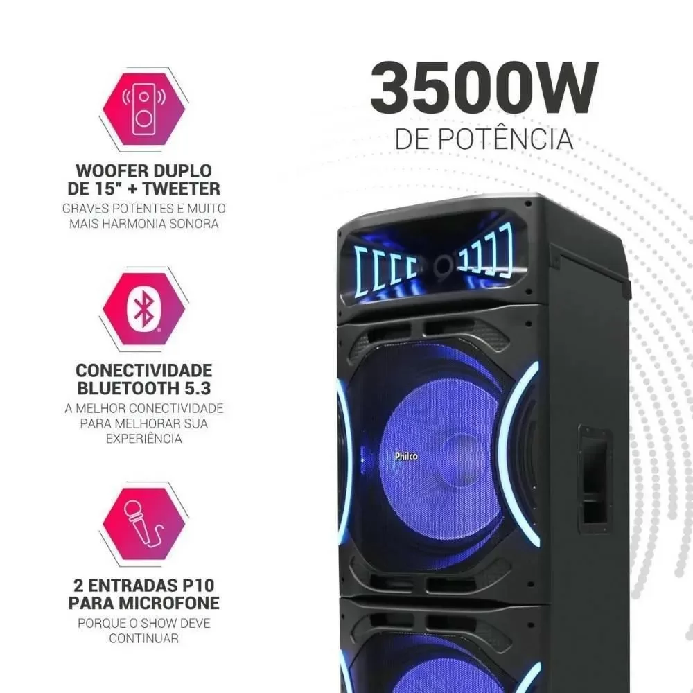 CAIXA DE SOM AMPLIFICADA PHILCO PCX35000 BLUETOOTH 3500W PRETA BIVOLT 