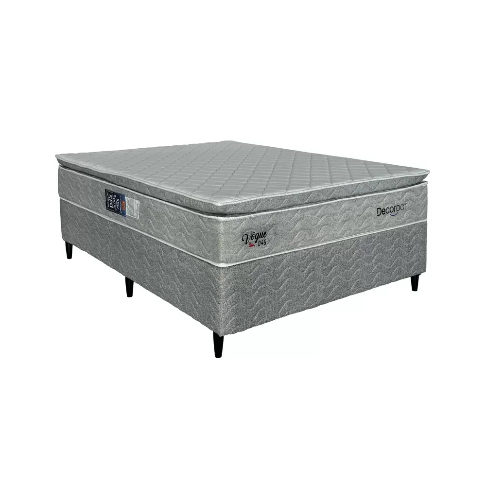 CONJUNTO CAMA BOX CASAL ESPUMA VOGUE D45 C/EPS CINZA CHAPISCADO 138X188X70 120KG DESIGN DECOROAR