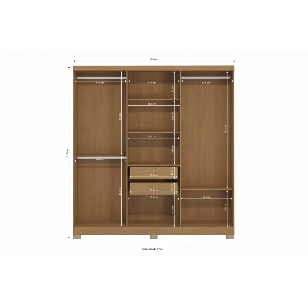 GUARDA ROUPA 6 PORTAS 2 GAVETAS 2.02M E530-CN 15MM CANELA