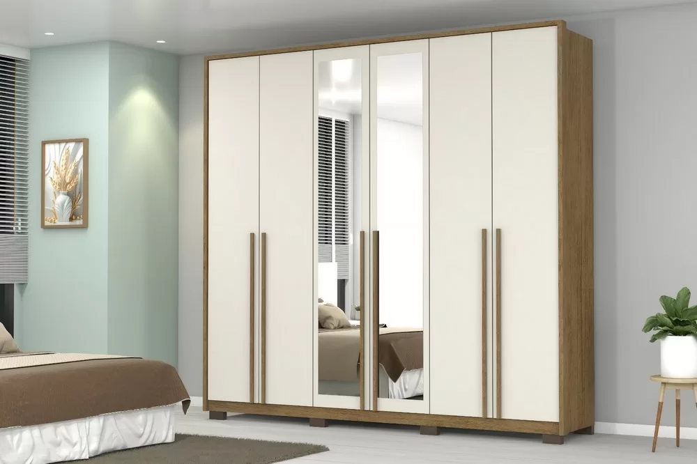 GUARDA ROUPA 6 PORTAS 4 GAV 2.30M REINO CINAMOMO/OFF MDF 12/15MM C/PE C/ESPELHO A230XL240XP55 JOSAN