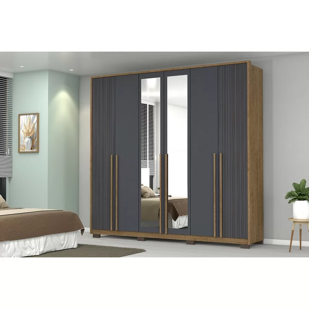 GUARDA ROUPA 6 PORTAS 4 GAV 2.40M REINO CINAMOMO/URBAN MDF12/15MM C/PE C/ESPELHO A230XL240XP55 JOSAN