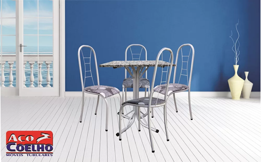 CONJUNTO MESA 4 CADEIRAS QUADRADA 75X75 VIENA N.34 GRANITO LUXO BRANCA M/BR PA ACO COELHO 