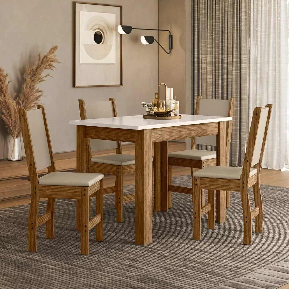 CONJUNTO MESA 4 CADEIRAS RETANGULAR 108X80 MDP BELLAGIO FREIJO/OFF 16,70KG POLIMAN