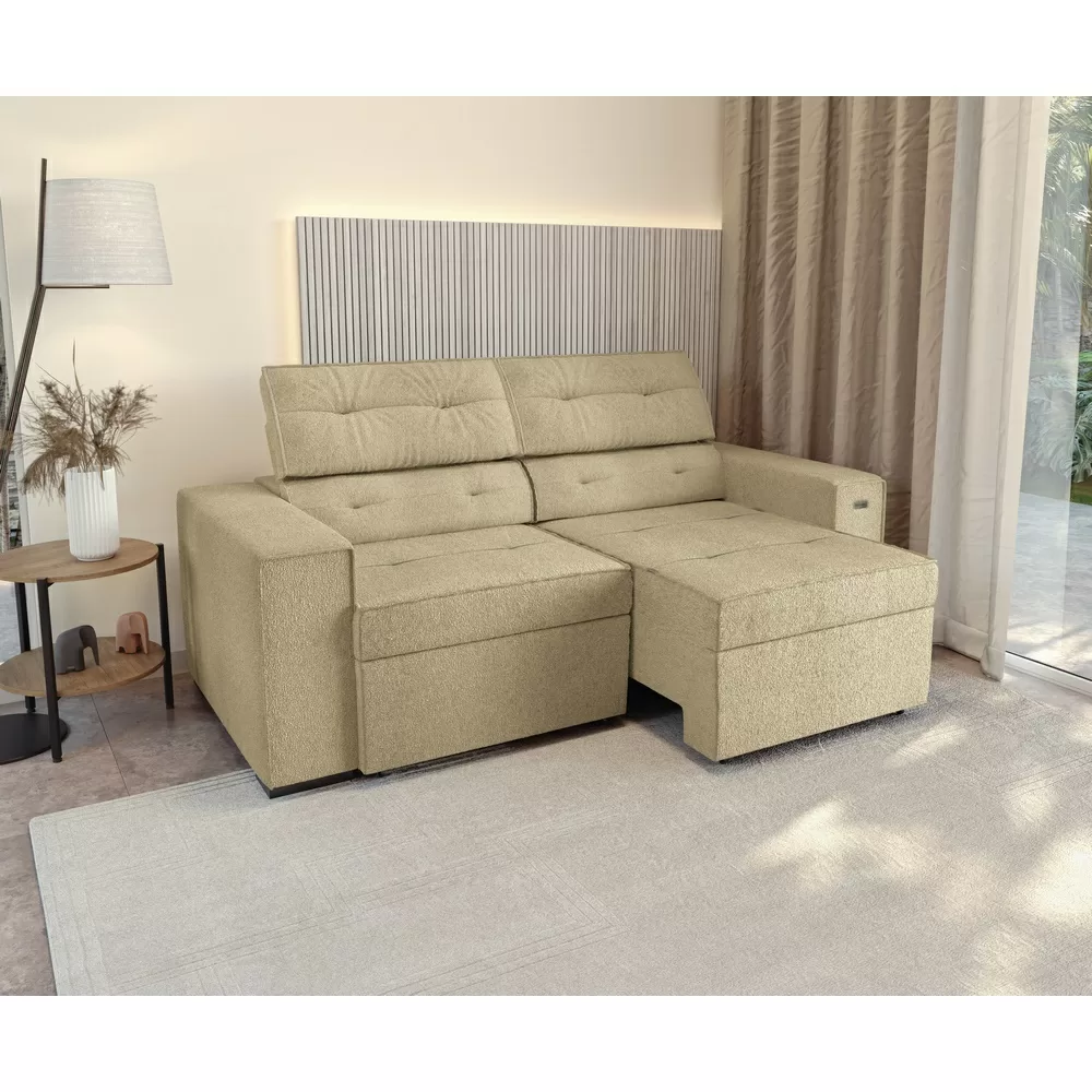 SOFA 3 LUGARES 2.06M RETRATIL/RECLINAVEL LEONE TEC BOUCLE BEGE A058 KAPPESBERG