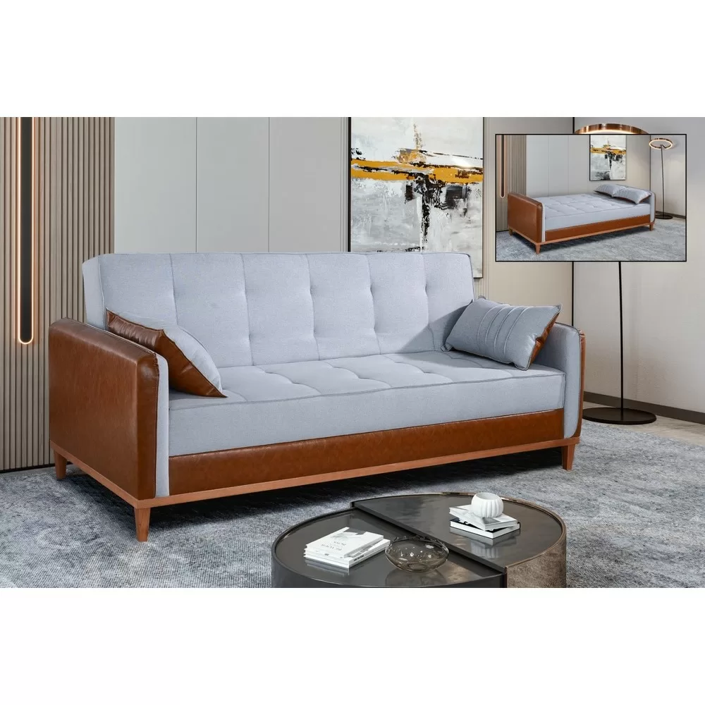 SOFA CAMA 2.00M UNIQUE SATURNO C/COURO GELO/CINZA G07 DESIGN