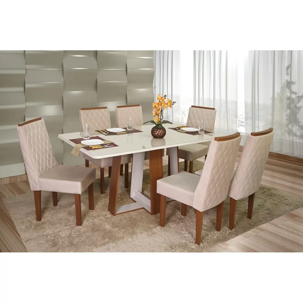 SALA JANTAR 6 CADEIRAS RETANGULAR 160X90 LAIS C/VIDRO NATURALE/OFF TEC PIENZA BEGE MDF SAO CARLOS