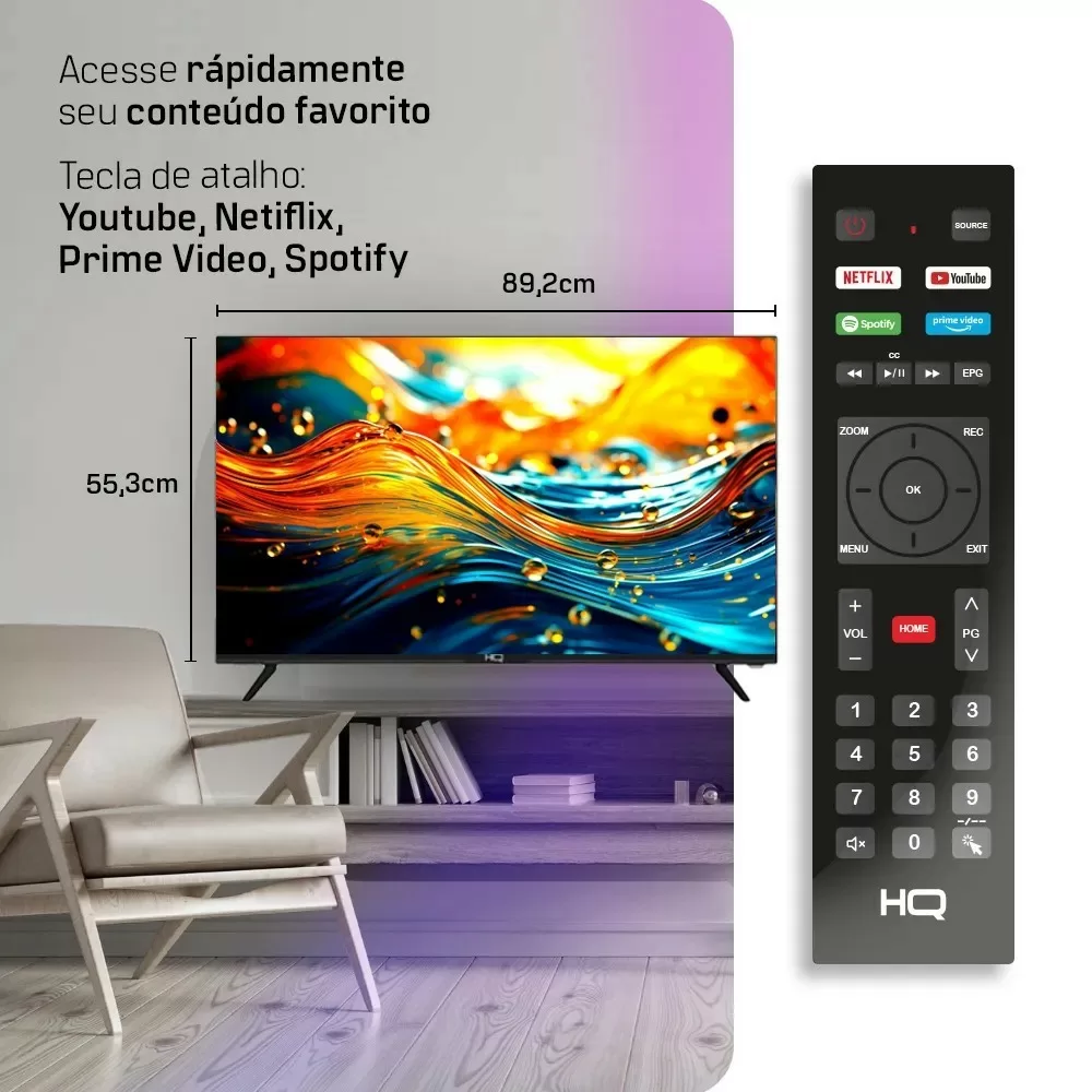 TV LED SMART 40" HQ FHD HQS40NK ANDROID 3 HDMI 2 USB PRETA BIVOLT 