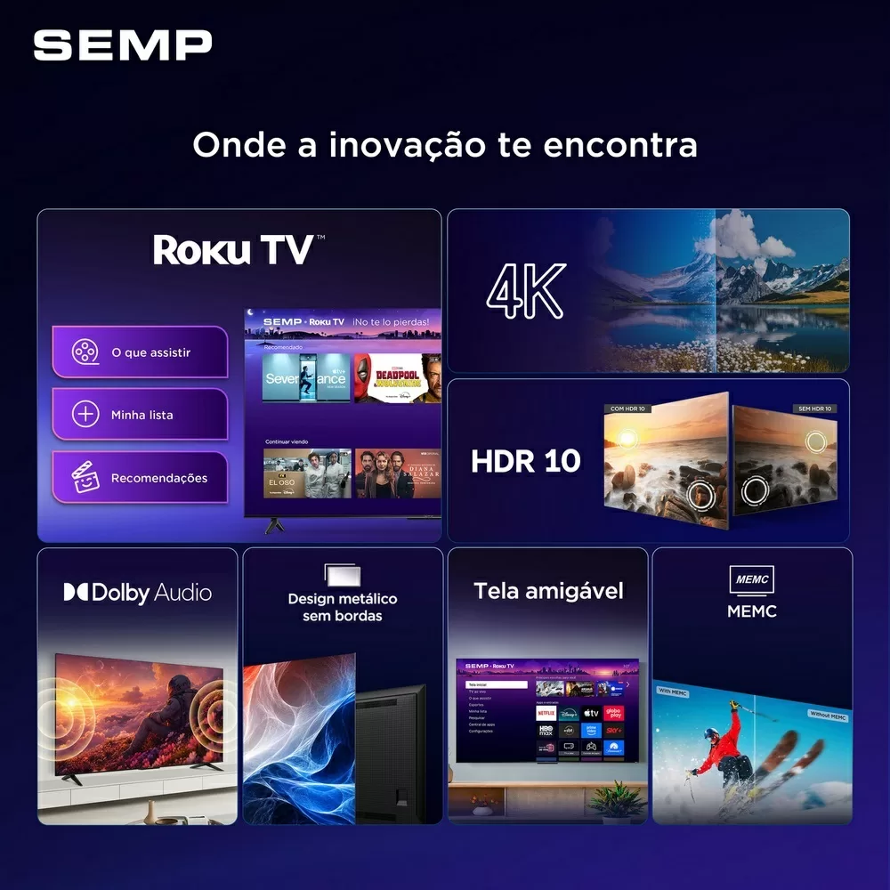 TV LED SMART 55" SEMP 55S62R UHD 4K ROKU TV 3 HDMI 1 USB PRETA BIVOLT 